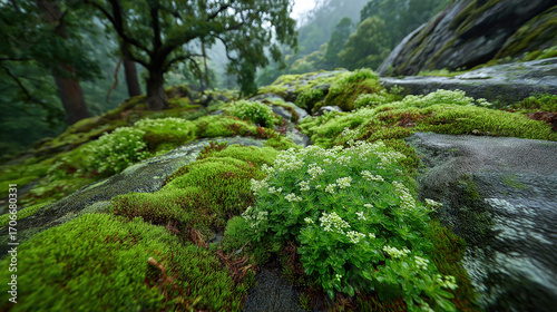 Moss-covered rocks with blooming small flowers in forest, natural landscape for wallpapers, nature-themed designs, and ecological posters
