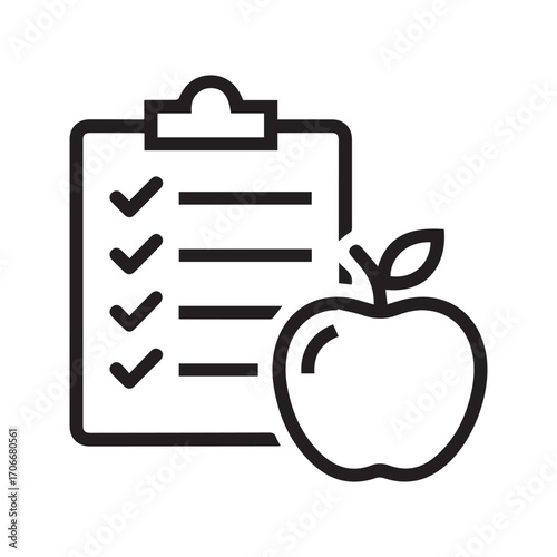 Diet Plan Icon with Clipboard and Apple, Healthy Eating Checklist Vector Symbol