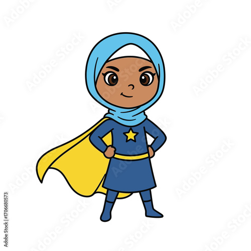Brave Muslim superhero girl in a blue hijab and yellow cape standing in a powerful pose. A cartoon illustration representing diversity, strength, and empowerment