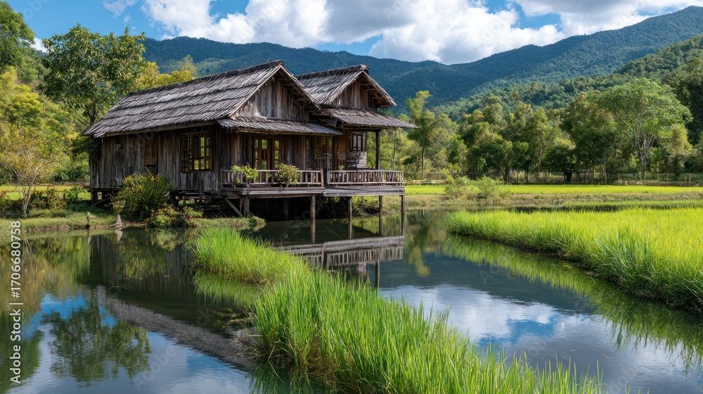 Fototapeta premium Wooden house overlooking rice paddies