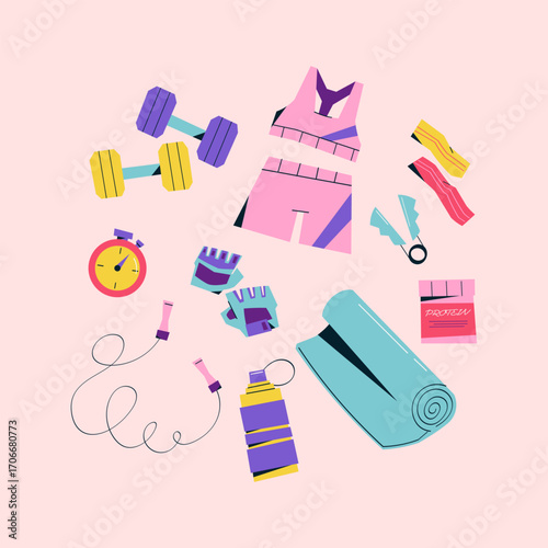 Vector set of gym and fitness items: dumbbells, sport clothes, gloves, skipping rope, stopwatch, resistance bands, mat, water bottle and protein pack on pink background