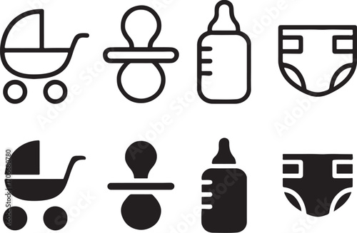 Baby symbol set – stroller, pacifier, bottle, diaper vector icons collection.eps