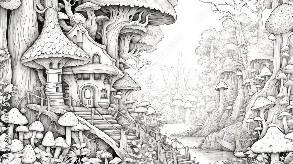 Naklejka premium Fantastic forest scene grayscale
