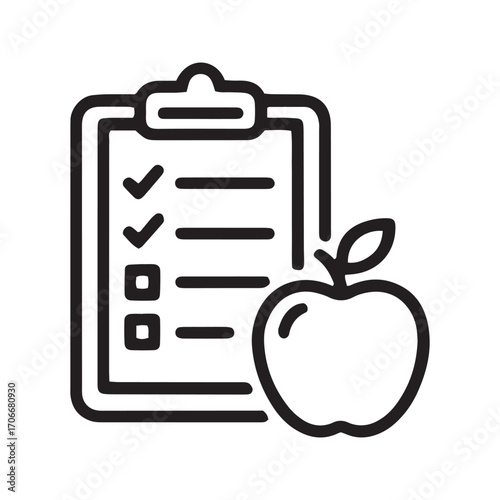 Diet Plan Icon with Clipboard and Apple, Healthy Eating Checklist Vector Symbol