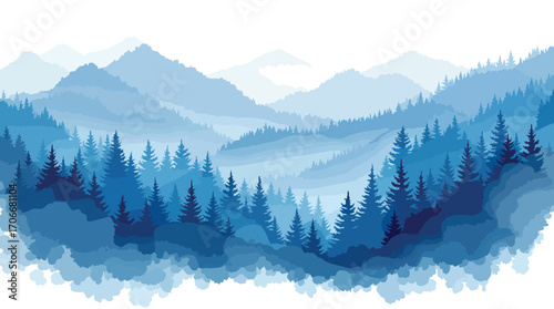 Blue Forested Mountain Layers with White Background and Subtle Cloud-like Textures mountains landscape.
