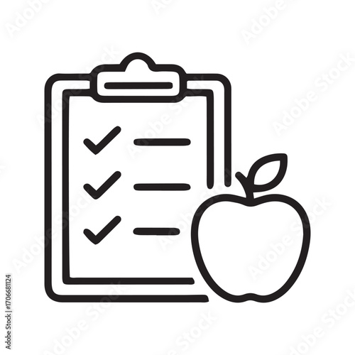 Diet Plan Icon with Clipboard and Apple, Healthy Eating Checklist Vector Symbol