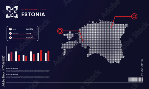 Simple rounded square dot map with infographic template of Europe Estonia