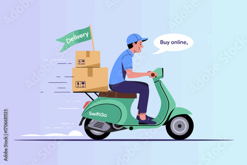 A swift delivery rider on a scooter speeds through urban areas, expertly managing packages and promoting online shopping in a stylish, modern design that illustrates movement.