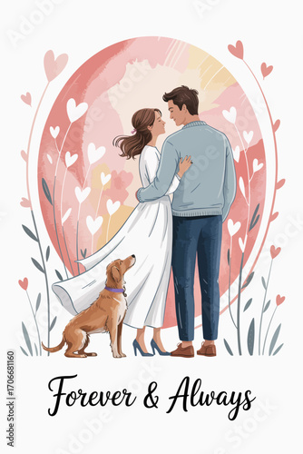 A heartwarming illustration depicts a couple sharing a loving moment with their dog, encapsulating themes of devotion, joy, and the warmth of enduring relationships in a beautiful setting.