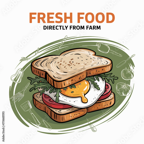 An appetizing image of a breakfast sandwich loaded with a fried egg, tomatoes, and greens, highlighting the joy of tasty, healthy meals that bring comfort and satisfaction.