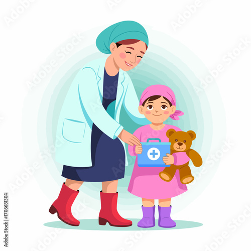 A playful pediatrician interacts with a young girl, presenting her with a healthcare kit, emphasizing the imaginative aspects of guidance in medical settings for children.