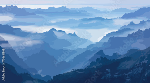 Misty blue mountain range with layered peaks and valleys shrouded in fog mountains.