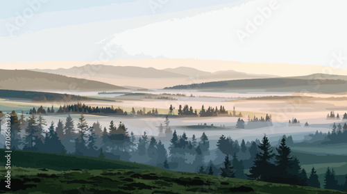 Misty mountain landscape at sunrise with rolling hills and pine forests misty mountains dawn.