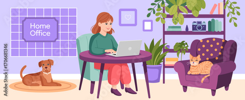 A cheerful woman is working on her laptop in a stylish home office, accompanied by a dog and a cat, creating a warm and friendly work environment filled with plants.
