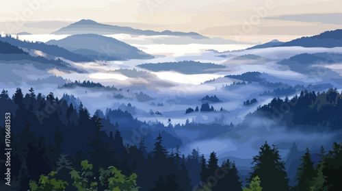 Misty valley with evergreen trees and distant blue mountains at sunrise vector illustration.
