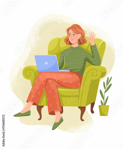 A young woman with a warm smile waves hello while seated in a bright green chair, engaged with her laptop and immersed in her digital interactions and creative work.