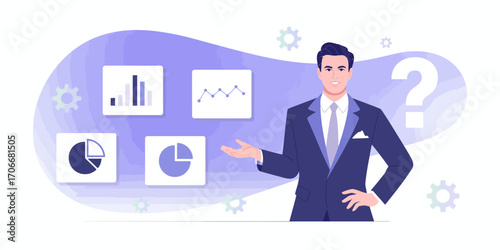 A friendly businessman gestures towards various analytics graphics, emphasizing the importance of data comprehension in guiding financial decisions for businesses.