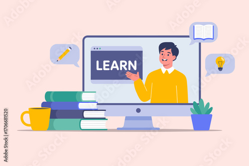 This charming illustration shows a friendly instructor on a computer screen emphasizing the importance of learning, perfect for educational content and outreach.