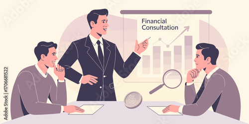 A business meeting showcasing a financial consultant presenting strategies while two active listeners analyze and discuss crucial financial insights for effective planning.