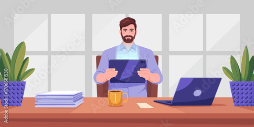 A man sits comfortably at his desk with a tablet, embodying a modern remote work lifestyle that emphasizes innovation and digital engagement in a serene environment.