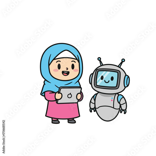 Happy Muslim girl in hijab teaching a cute robot using a tablet, illustration of education and technology