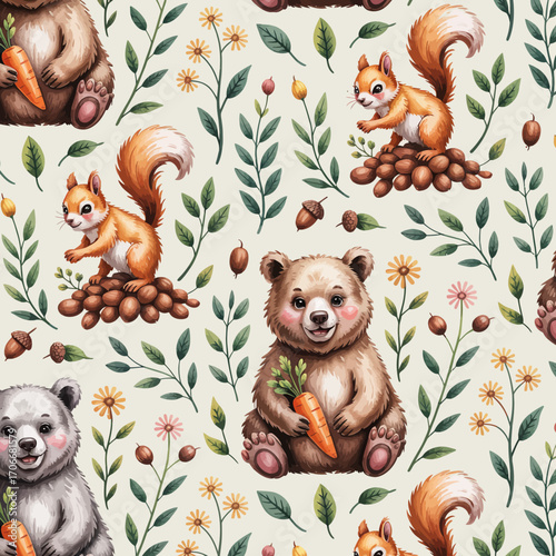 A charming and fun pattern featuring bears, squirrels, and forest elements, embodying a playful spirit perfect for children's products and joyful creations.