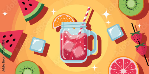 This eye-catching illustration showcases a refreshing drink surrounded by various fruits and ice, ideal for capturing the essence of summer and fruity pleasures.