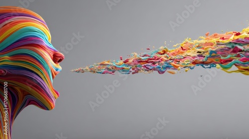 Colorful Expression: A vibrant, multi-colored depiction of a human head unleashing a burst of kaleidoscopic shapes, symbolizing creativity and self-expression in a contemporary style.