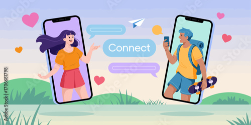 A colorful illustration showcasing two young individuals chatting via smartphones in a beautiful outdoor setting, emphasizing the joy and spontaneity of youth connections.