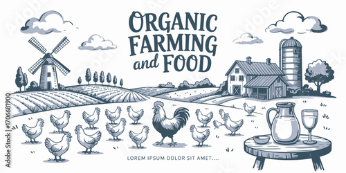 This charming scene features a group of lively chickens wandering freely on an open farm, with an adjacent barn, highlighting the essence of wholesome, organic farming.