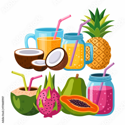 This appealing composition highlights an exciting array of tropical drinks paired with vibrant fruits, reflecting the energetic essence of summer indulgence and fresh flavors.