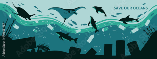 This compelling digital artwork depicts a vibrant underwater scene with various marine animals amidst plastic and other waste, highlighting the urgent need for ocean cleanup efforts.