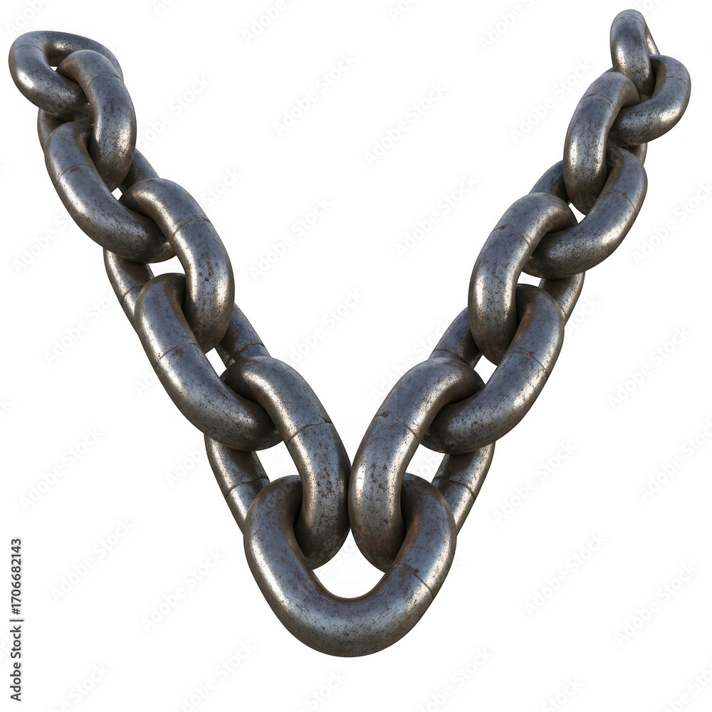Fototapeta premium Heavy duty metal chain links forming a v shape with detailed texture and realistic rendering transparent background