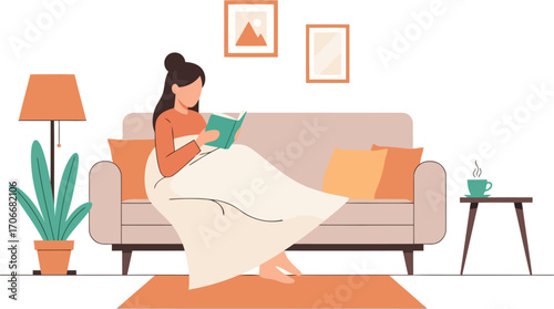 Vector illustration of a woman sitting on a sofa with a blanket, reading a book in a cozy home interior.