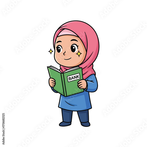 Cute cartoon Muslim girl in a pink hijab holding a bank savings book, illustrating the concept of financial literacy and saving money for children