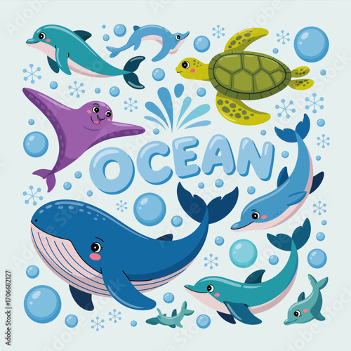 An engaging depiction of joyful marine life, including whales and dolphins happily swimming amidst playful bubbles and a tranquil oceanic world celebrating joy and wonder.