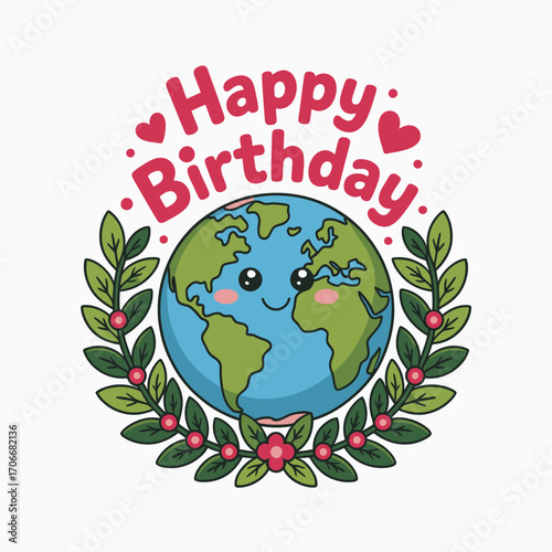 A vibrant and cheerful birthday illustration featuring a smiling Earth and lush greenery, perfect for promoting environmental awareness and celebrating our planet's uniqueness.