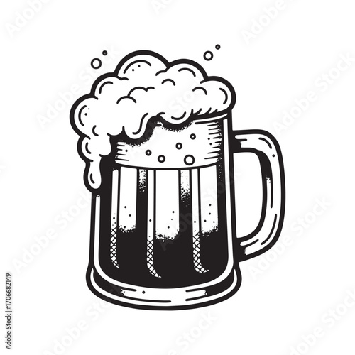 Old school beer mug tattoo flash drawing. Vintage hand-drawn illustration of a foaming stein, black and white sketch.
