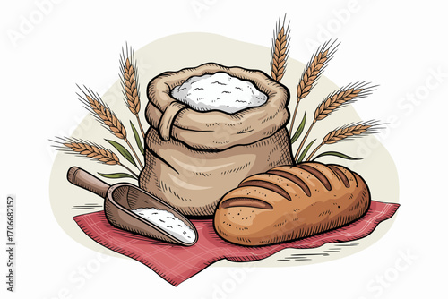 An artful collection of a burlap sack filled with flour, a loaf of rustic bread, and golden wheat spikes, capturing the charm of traditional baking processes.