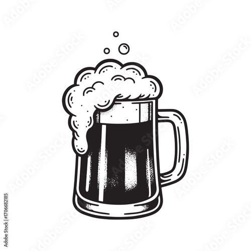 Old school beer mug tattoo flash drawing. Vintage hand-drawn illustration of a foaming stein, black and white sketch.
