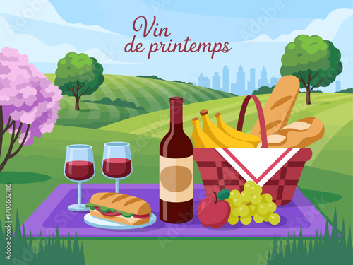 This inviting picnic setup captures a vibrant scene with wine, fruit, and sandwiches, depicting a joyful experience of leisure and relaxation in a picturesque outdoor environment.