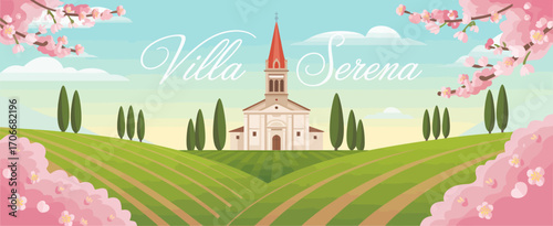 An inviting illustration of Villa Serena, set against lush green fields and blossoming cherry trees, capturing the essence of peaceful, idyllic countryside life.