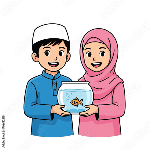 A smiling Muslim boy and girl wearing traditional Islamic clothing holding a fishbowl with a goldfish, representing friendship and care
