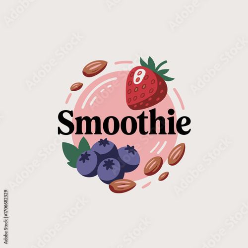A charming smoothie illustration filled with vibrant strawberries and blueberries, designed to evoke feelings of joy, health, and a refreshing burst of flavor and energy.