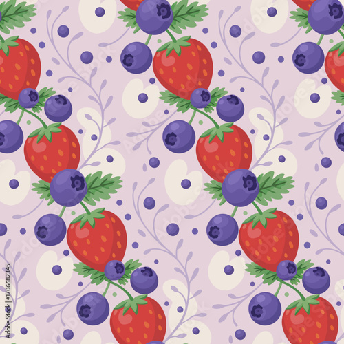 An enchanting repetitive design featuring strawberries and blueberries, layered with leaves on a lilac background, ideal for various creative applications like prints or fabrics.