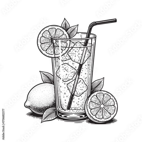Fresh lemonade in a glass with ice cubes, straw, and lemons. Hand-drawn vintage style black and white vector illustration.

