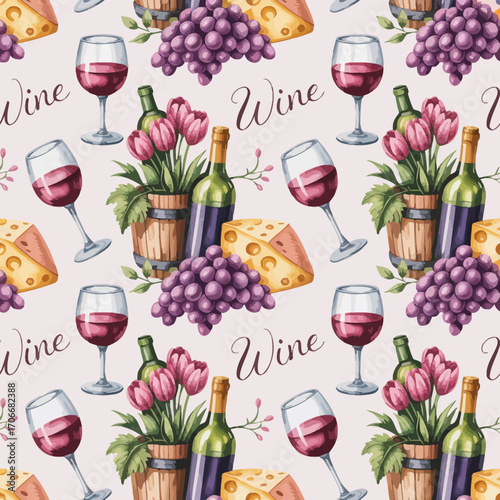 This graceful pattern beautifully integrates elements of wine, grapes, and tulips in a harmonious design, suitable for diverse artistic or marketing projects.
