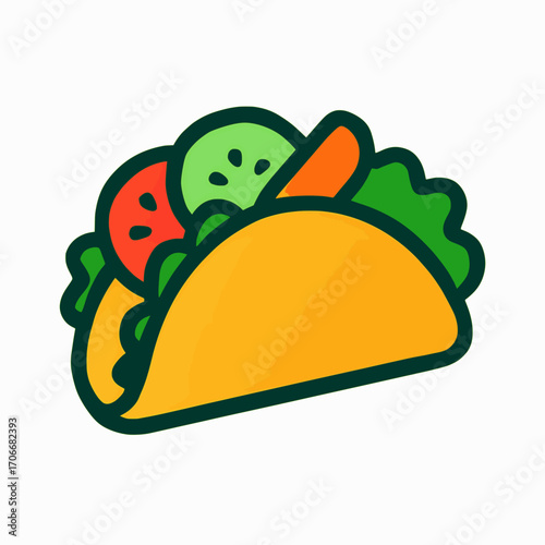 A cheerful vector illustration of a vegetarian taco with fresh fillings, solid colors, white background