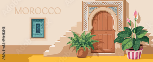 An exquisite Moroccan doorway adorned with beautiful flora details evokes feelings of warmth and hospitality, reflecting the beauty of Moroccan architecture.
