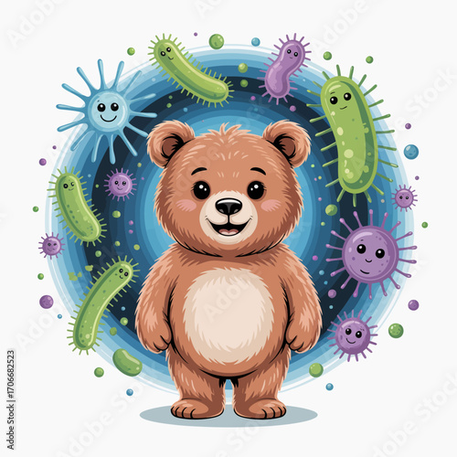 This delightful bear illustration features whimsical bacteria and microorganisms, showcasing a colorful, playful interpretation of nature's invisible wonders and ecosystems.